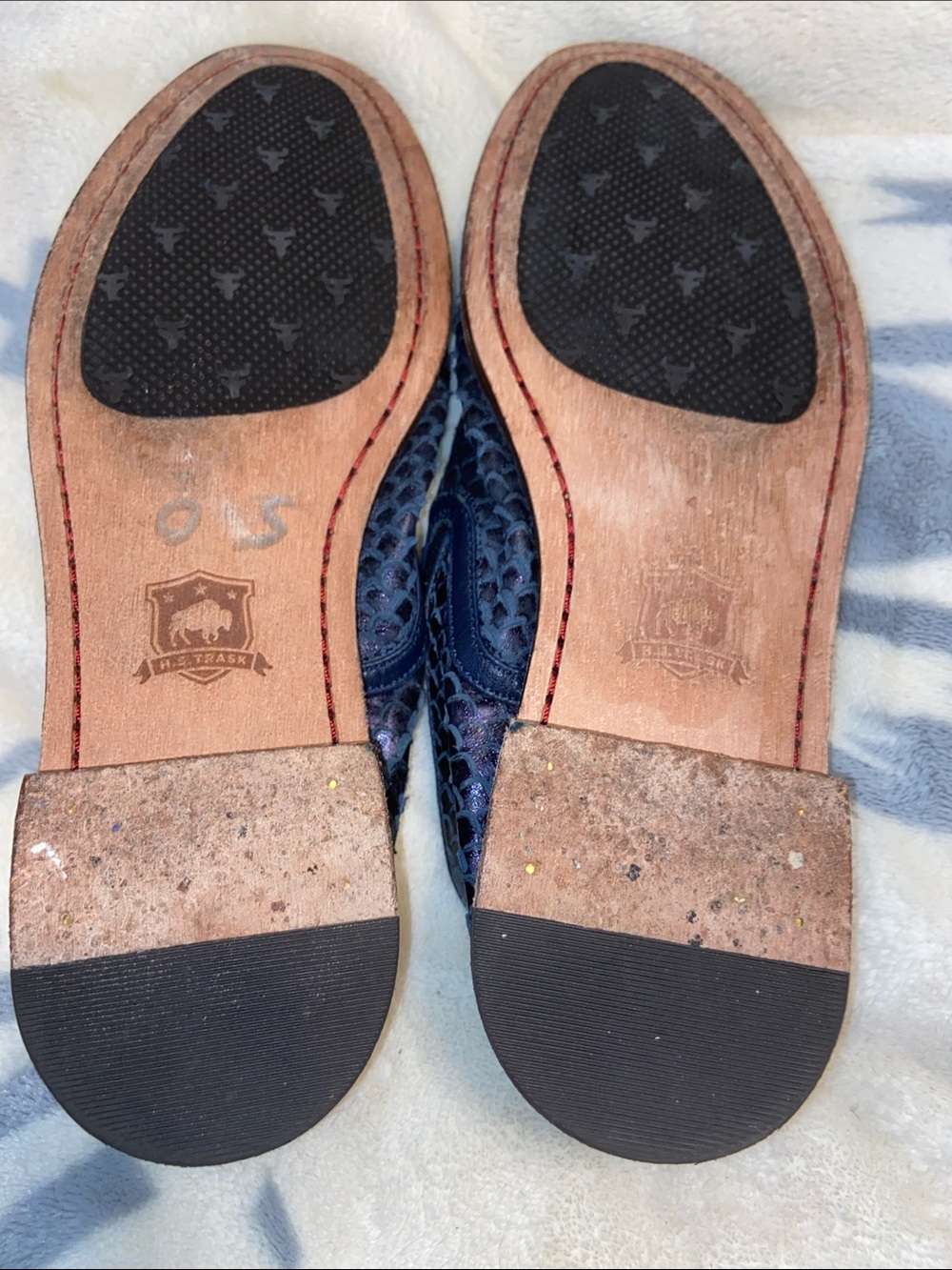 TRASK NAVY BLUE LOAFERS Genuine Leather Scales “ Snake” Print - Picture 7 of 8
